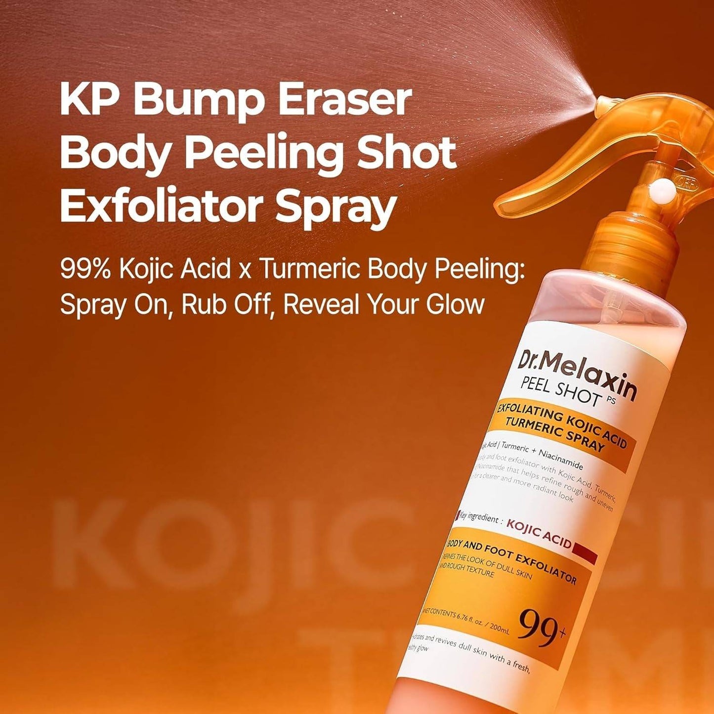 NOVADERM Body Peeling Spray for glowing skin with 99% Kojic Acid and Turmeric, designed for exfoliation and brightening in personal care routines.
