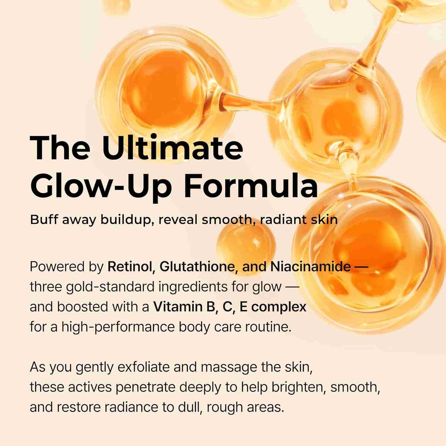 NOVADERM Body Peeling Spray for glowing skin with retinol, glutathione, and niacinamide formula for exfoliation and radiance boost.