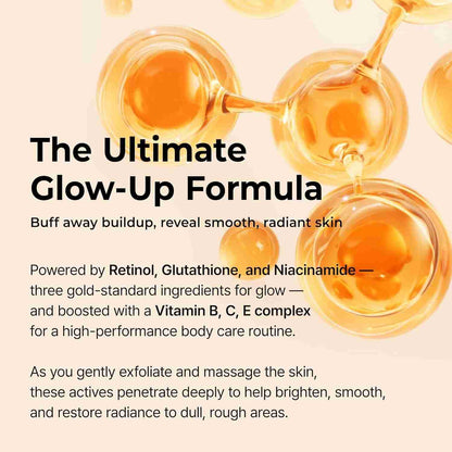 NOVADERM Body Peeling Spray for glowing skin with retinol, glutathione, and niacinamide formula for exfoliation and radiance boost.